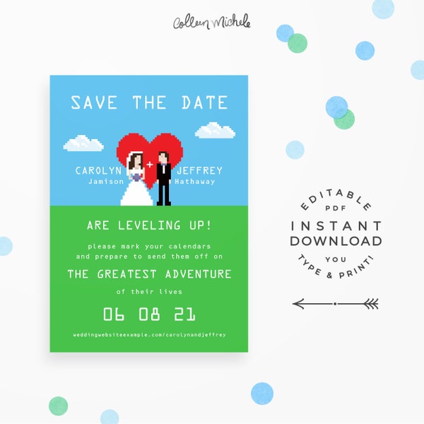 Video Game Geek Save The Date, Instant Download Editable PDF. Cute and unique nerd save the date cards with 8-bit bride & groom!