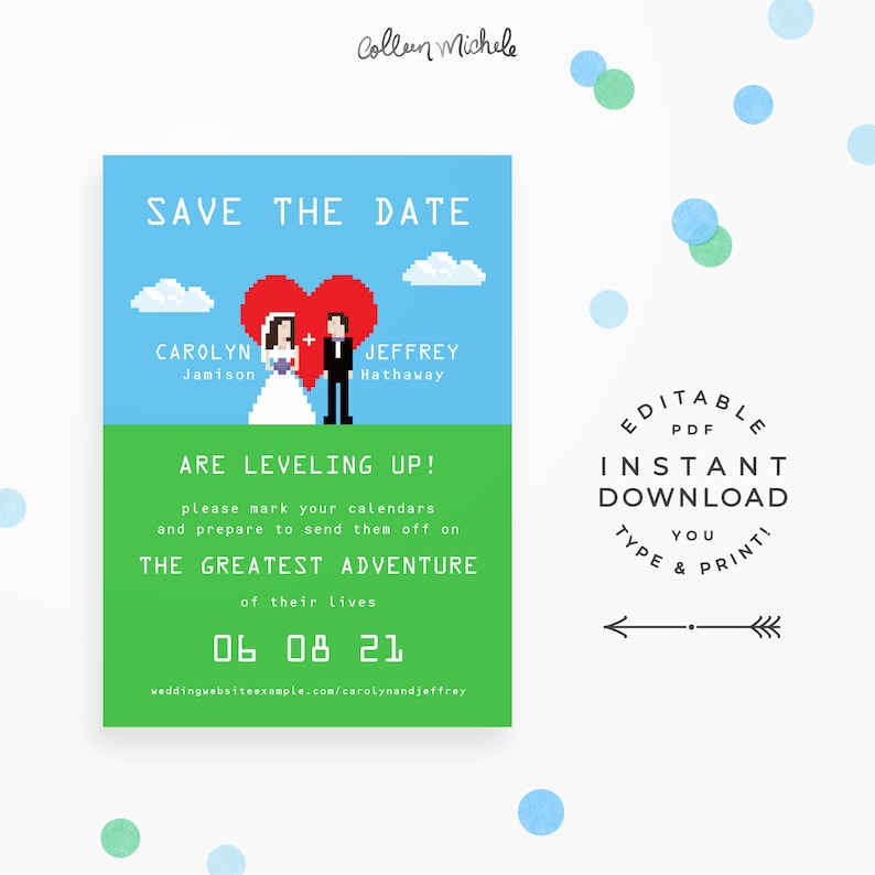 Video Game Geek Save The Date, Instant Download Editable PDF. Cute and unique nerd save the date cards with 8-bit bride & groom image 1
