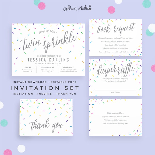 Twin Sprinkle Invitation Set: Instant download. Book Request, Diaper Raffle, Thank You Card. Girls or boys sprinkle. PDF printables.