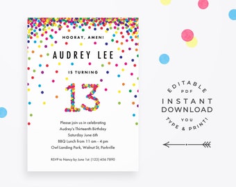 Rainbow 13th Birthday Party Invitation, Instant Download Printable PDF. Cute confetti birthday invitations for 13 year old girl or boy!