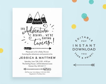 Twin Baby Shower Invitation, Editable PDF.  "The Adventure Begins" twins shower invite for a rustic yet modern, mountain baby shower!