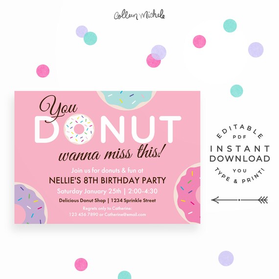 Pink Donut Party Invitation, Instant Download Printable PDF. Donut themed invitations in pink for a girl birthday party! Il_570xn
