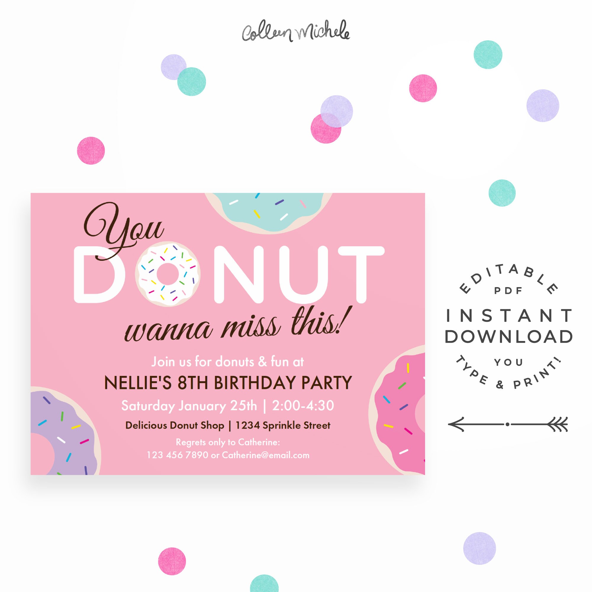 Paper Paper & Party Supplies Editable PDF Printable Party Invite Donut