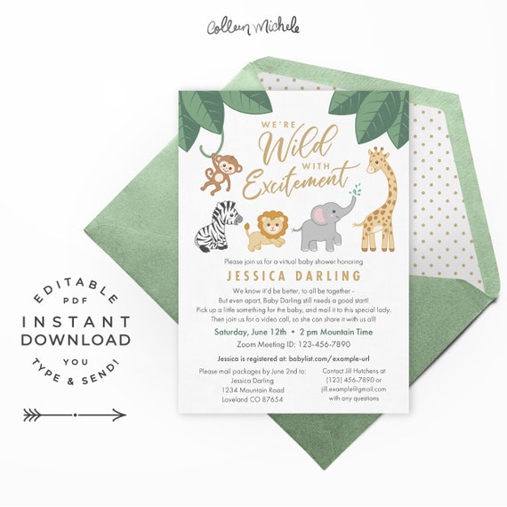 Safari Virtual Baby Shower Invitation, Instant Download Editable PDF. Cute "Wild with Excitement" baby shower invite for online shower! Il_570xn