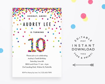 Rainbow 10th Birthday Party Invitation, Instant Download Printable PDF. Cute confetti birthday invitations for 10 year old girl or boy!