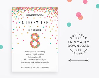 Girl 8th Birthday Invitation, Instant Download Printable PDF. Cute 8 year old girl bday party invite in mint, teal, pink and gold confetti!