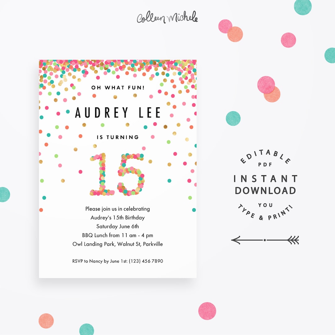 Girl 15th Birthday Invitation, Instant Download Printable PDF. 15 Year ...