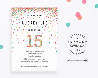 Girl 15th Birthday Invitation, Instant Download Printable PDF. 15 year old girl birthday party invites in mint, teal, pink and gold confetti