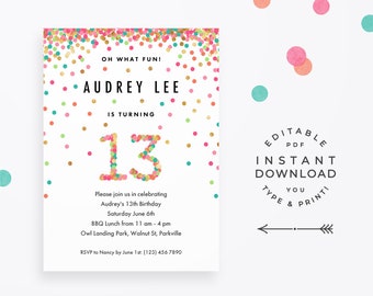 Girl 13th Birthday Invitation, Instant Download Printable PDF. 13 year old girl birthday party invites in mint, teal, pink and gold confetti