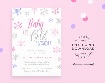 Invitación Baby Shower Invierno Niña Rosa, Descarga Instantánea PDF Imprimible. "Baby its Cold Outside" con copos de nieve rosados y morados dibujados a mano.