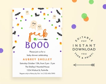 Peek a Boo Baby Shower Invitation, editable PDF. Cute Halloween baby shower invitation, with mom and baby ghost!