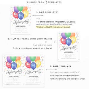 Surprise Birthday Invitation, Instant Download Editable PDF. Colorful balloons & confetti, cute simple surprise party invite Shhh... image 4