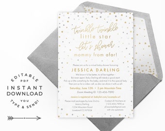 Twinkle Star Virtual Shower Invitation, Instant Download PDF Printable. Faux gold foil & grey stars for a modern, neutral baby shower!