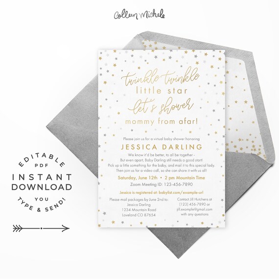 Twinkle Star Virtual Shower Invitation, Instant Download PDF Printable. Faux gold foil & grey stars for a modern, neutral baby shower! Il_570xn