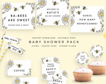 Bee Baby Shower Decorations, Instant Download Printables Set: favor tags, cupcake toppers, welcome sign & more for a bumble bee shower!