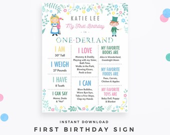 Alice in Wonderland 1 Year Old Sign. First birthday poster, editable PDF instant download. DIY the details for your one-year-old!