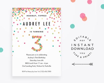 Girl 3rd Birthday Invitation, Instant Download Printable PDF. 3 year old girl birthday party invites in mint, teal, pink and gold confetti!