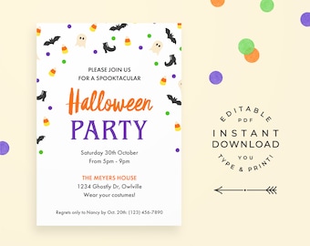 Cute Halloween Party Invitation, editable PDF. Confetti Halloween invitation, kids Halloween party printable. Bat, ghost, and candy corn!