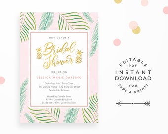 Gold Pineapple Bridal Shower Invitation, Editable PDF Instant Download. Elegant tropical bridal shower invitations with palm leaf on pink