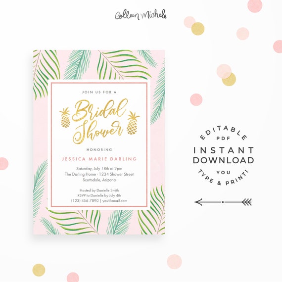 Gold Pineapple Bridal Shower Invitation, Editable PDF Instant Download