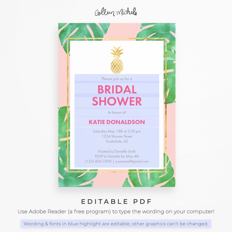 Tropical Bridal Shower Invitation, Editable PDF Instant Download. Tropical shower invitations in pink and gold, with a gold pineapple image 2