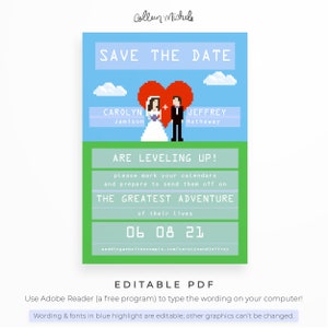 Video Game Geek Save The Date, Instant Download Editable PDF. Cute and unique nerd save the date cards with 8-bit bride & groom image 2