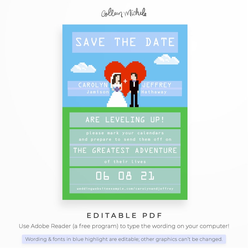 Video Game Geek Save The Date, Instant Download Editable PDF. Cute and unique nerd save the date cards with 8-bit bride & groom image 2
