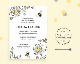 Bee Baby Shower Invitation, Editable PDF Instant Download. Bumblebee baby shower invitations in yellow for gender neutral baby shower