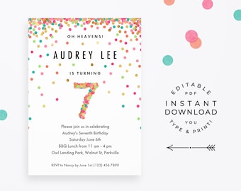 Girl 7th Birthday Invitation, Instant Download Printable PDF. 7 year old girl birthday party invites in mint, teal, pink and gold confetti!