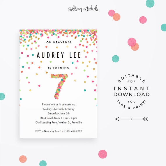 Girl 7th Birthday Invitation Instant Download Printable PDF. 7