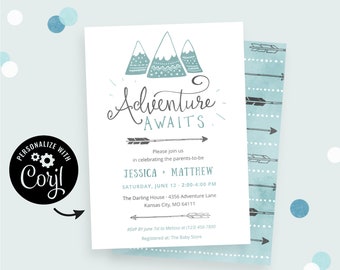 Adventure Baby Shower Invitation | Corjl invite, free demo. "Adventure Awaits" in mint blue and gray, for mountain themed baby shower