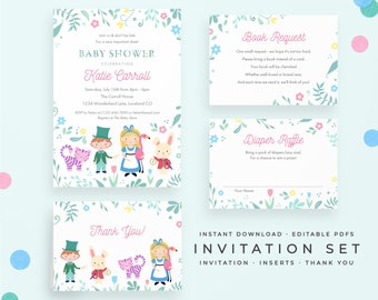 Alice in Wonderland Baby Shower Invitation Set, Instant Download Book Request, Diaper Raffle, Thank You Card. Cute, editable PDF printables