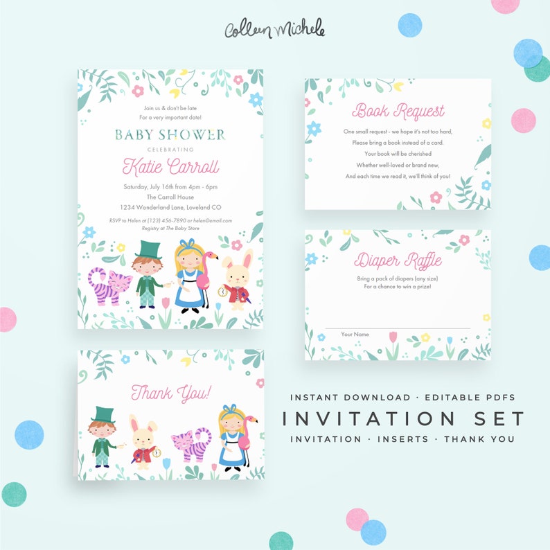 Alice In Wonderland Baby Shower Invitation Set Instant Etsy