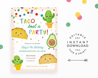 Taco bout a Party! Fiesta Invitations, Instant Download, Editable PDF. Fiesta Birthday Invitation with cute Cactus, Taco and Avocado!