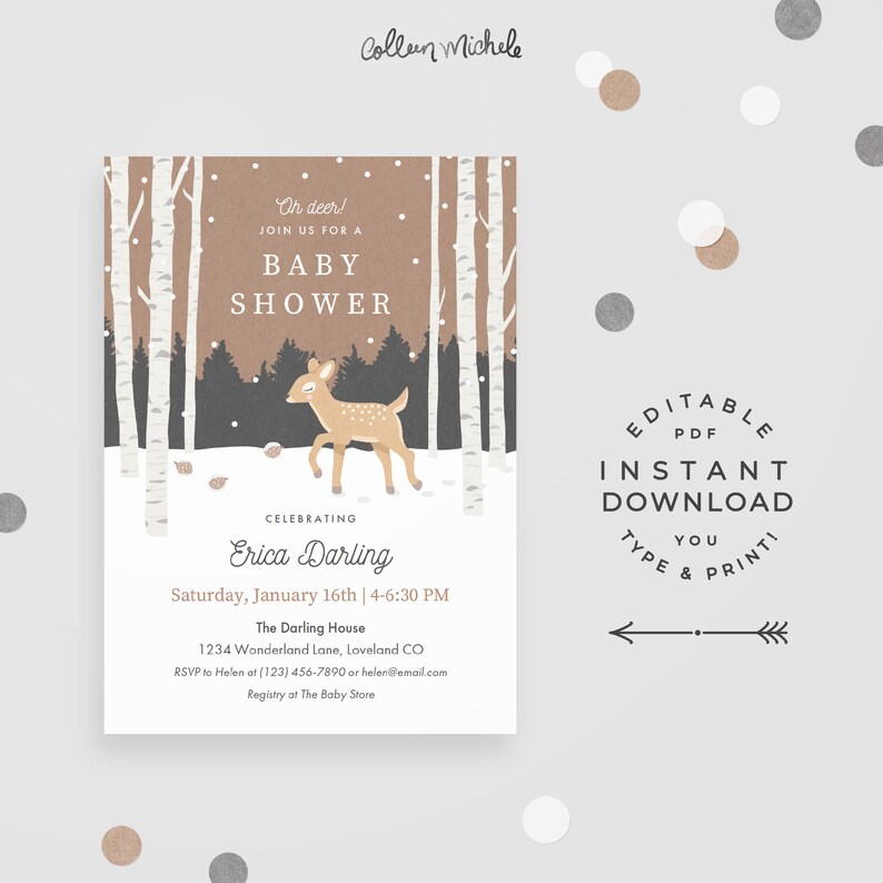 Winter Woodland Baby Shower Invitation, Oh Deer Instant Download PDF Printable Invite. Rustic baby shower invite with cute deer in snow 画像 1