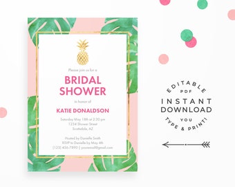 Tropical Bridal Shower Invitation, Editable PDF Instant Download. Tropical shower invitations in pink and gold, with a gold pineapple!