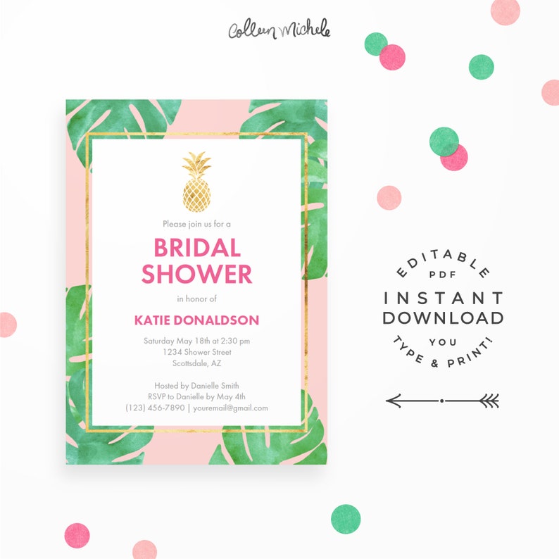 Tropical Bridal Shower Invitation, Editable PDF Instant Download. Tropical shower invitations in pink and gold, with a gold pineapple image 1