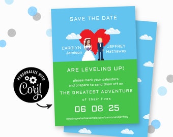 Video Game Geek Save The Date Invitation | Corjl template for instant download.  Cute, unique nerd save the date cards 8-bit bride & groom!