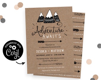 Rustic Adventure Awaits Baby Shower Invitation | Corjl invite, free demo. Simple, modern boho shower invitations with mountains