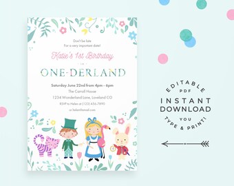 Alice in Onederland Birthday Invitation. Editable PDF, instant download printable for Alice in Wonderland First Birthday Party!