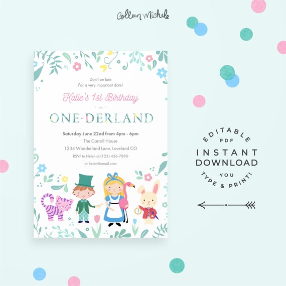 Printable Alice in Wonderland Invite, Editable Black Instant