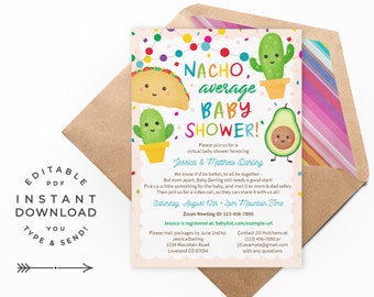 Nacho Average Baby Shower Invitation, Instant Download Editable PDF. Virtual baby shower invites with cute Taco, Cactus & Avocado!