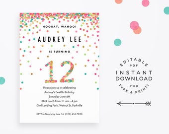 Girl 12th Birthday Invitation, Instant Download Printable PDF. 12 year old girl birthday party invites in mint, teal, pink and gold confetti
