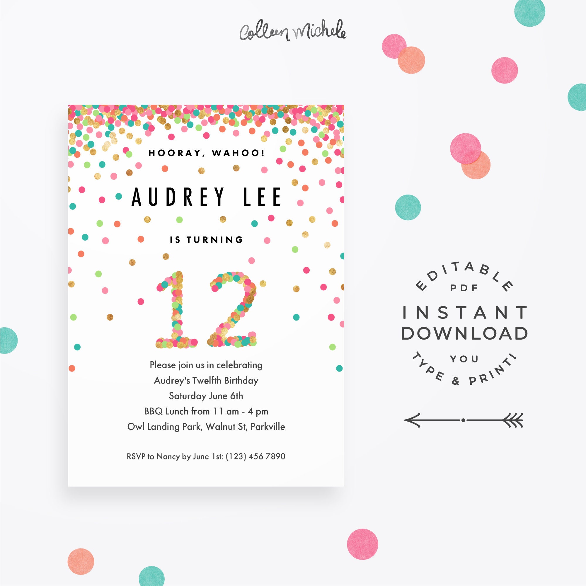Girl 12th Birthday Invitation Instant Download Printable Pdf Etsy India