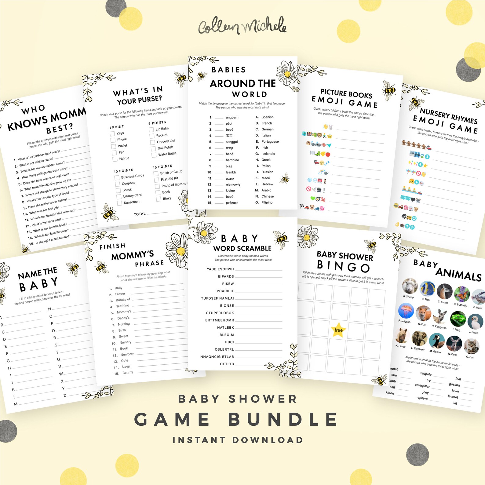 Bee Baby Shower Game Bundle Bee Theme 11 Printable Games: | Etsy
