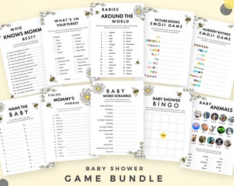 Bee Baby Shower Game Bundle - Bee Theme! 11 printable games: Emoji Game, Baby Shower Bingo, Who Knows Mommy Best, Word Scramble & more!