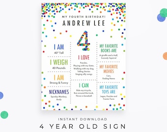 Confetti Four Year Old Sign, Editable PDF Instant Download. 4th birthday poster with colorful confetti in boy colors! 4 Year Old Sign