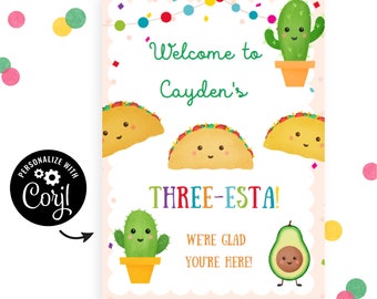 Three-Esta Birthday Welcome Poster, Instant Download with Corjl Template Cute, Editable 3rd Birthday Welcome Poster with Taco & Cactus