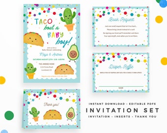 Taco bout a Baby Boy! Invitation Set. Instant download Editable PDFs: Baby Shower Invitation, Book Request, Diaper Raffle & Thank you cards