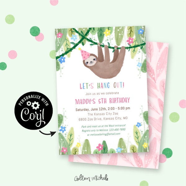 Sloth Birthday Invitation | Corjl invite with instant download. Cute hand-drawn sloth and flowers for jungle or zoo birthday party
